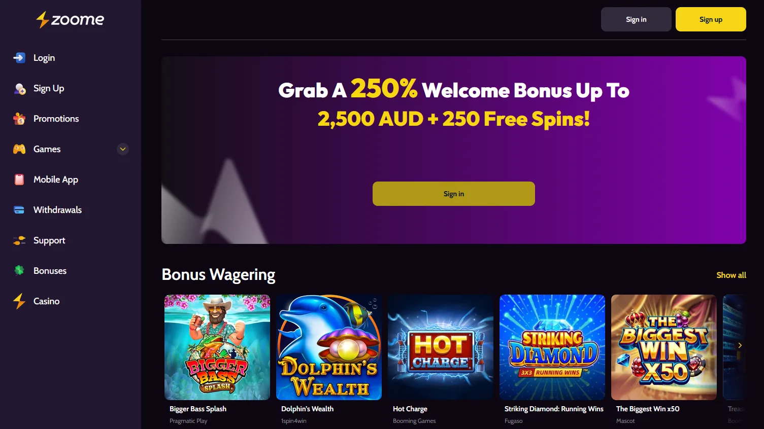 Zoome3 Casino desktop view